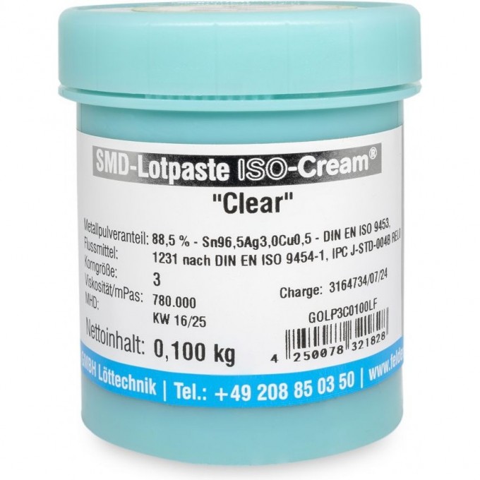 Паяльная паста бессвинцовая ERSA ISO-Cream Clear тип 3 Sn96.5Ag3.0Cu0.5 100г GOLP3C0100LF