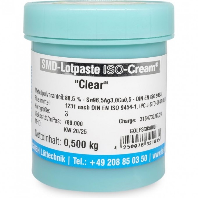 Паяльная паста ERSA ISO-Cream Clear бессвинцовая Sn96.5Ag3.0Cu0.5 тип 3 GOLP3C0500LF